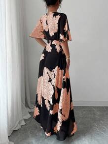 Modelyn Women's Elegant Spring/Summer Round Neck Ruffle Flare Sleeve Fitted Flowy Maxi Chiffon Dress